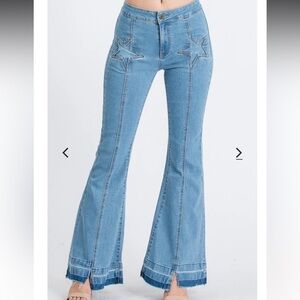 Litz by Uniq Jeans NWOT 26/3 Blue Star Patch Center Seam Slit Raw Flare Hippie